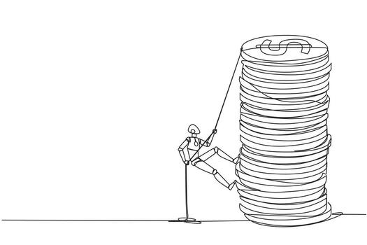 Single one line drawing smart robot climbs stack of coins with rope. The entrepreneur trying hard climbing the rope to reach top of coins. Smart hard work. Continuous line design graphic illustration vector
