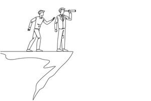 Continuous one line drawing businessman monitoring something at the edge of cliff using binocular. Monitoring business. Taken down by traitor from behind. Single line draw design illustration vector