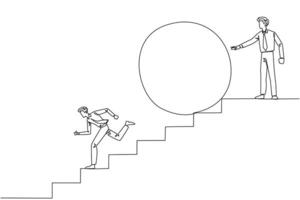 Single one line drawing businessman running down stairs avoiding big ball. Attacked by business friends. Traitor in business. Cheating in business. Betray. Continuous line design graphic illustration vector
