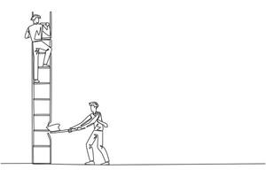 Single one line drawing businessman climbs the ladder to achieve the expected reward. Destroyed silently. Business failed to develop. Destroyed by traitors. Continuous line design graphic illustration vector