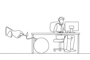 Single continuous line drawing businessman typing at a computer desk. Trapped by business partner. A bomb that could explode at any time. Betrayed by a colleague. One line design illustration vector