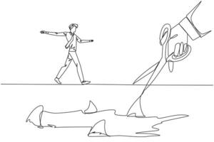Continuous one line drawing businessman walking across on tightrope. A metaphor pursuing a career. Ruined by traitors. Fake friend. Business sabotaged. Single line draw design illustration vector
