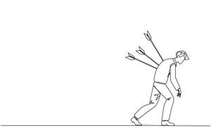 Continuous one line drawing businessman standing and several arrows stuck in the back. Attacked from behind. Destroyed and helpless. Fake partner. Traitor. Single line draw design illustration vector