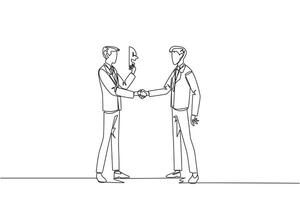 Single continuous line drawing two businessmen shaking hands. One of them has two faces. Full of falsehood. Fake friend. Worst teamwork. Business betrayal. Traitor. One line design illustration vector