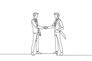 Single continuous line drawing two businessmen shaking hands. One of them holding a knife behind the back. Getting ready to stab. Must win at all costs. Traitor. One line design illustration vector