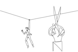 Single continuous line drawing businessman hanging from rope. A big hand that want to cut the rope. Maintaining a nearly useless business. Thwarted by traitors. One line design illustration vector