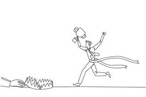 Single one line drawing businessman running with trophy. A dangerous business trap. A trap that really brings down a business. Fake friend. Traitor. Rival. Continuous line design graphic illustration vector