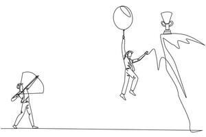 Single continuous line drawing businessman wants to achieve prizes at the peak of the career. Getting resistance from all directions. Painful failure. Traitor. One line design illustration vector