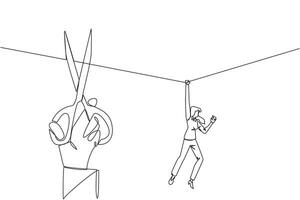 Single one line drawing businesswoman hanging from rope. A big hand that want to cut the rope. Maintaining a nearly useless business. Thwarted by traitors. Continuous line design graphic illustration vector