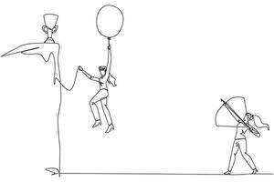 Continuous one line drawing businesswoman wants to achieve prizes at the peak of career. Getting resistance from all directions. Painful failure. Traitor. Single line draw design illustration vector