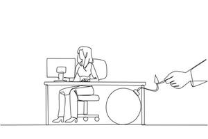 Single one line drawing businesswoman typing at computer desk. Trapped by business partner. A bomb that could explode at any time. Betrayed by a colleague. Continuous line design graphic illustration vector