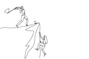 Single continuous line drawing businesswoman climbs a cliff with the rope. Almost successful. Rudely dropped by a business friend. Fake partner. The worst teamwork. One line design illustration vector