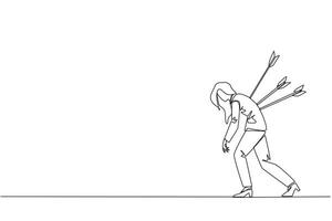 Single one line drawing businesswoman standing and several arrows stuck in the back. Attacked from behind. Destroyed and helpless. Fake partner. Traitor. Continuous line design graphic illustration vector