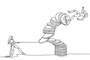 Single one line drawing businesswoman pull one of piles of coins who made the person on top fall. Business fraud. Misappropriation of office money. Traitor. Continuous line design graphic illustration vector