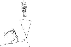Single continuous line drawing businesswoman standing on a cliff lifting a star. Envious friend, eating away at success from the inside to fall down. The traitor. One line design illustration vector