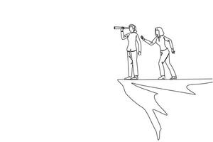 Single one line drawing businesswoman monitoring something at the edge of a cliff using binocular. Monitoring business. Taken down by traitor from behind. Continuous line design graphic illustration vector