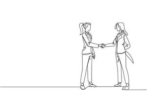 Continuous one line drawing two businesswomen shaking hands. One of them holding knife behind back. Getting ready to stab. Must win at all costs. Traitor. Single line draw design illustration vector