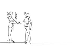 Single one line drawing two businesswomen shaking hands. One of them has two faces. Full of falsehood. Fake friend. Worst teamwork. Business betrayal. Continuous line design graphic illustration vector