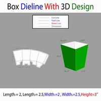 Popcon Box L1 2, L2 2.5, W1 2, W2 2.5, H 3 inch Dieline Template With 3d Design vector