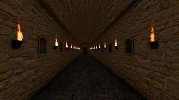 Green screen animation through the castle hallway with firelight on either side of the open gate video