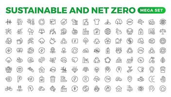 Set of sustainability and Net Zero, environmental, ecological, recyling, green, organic, industry thin line icons. Linear ecology simple symbol collection. vector