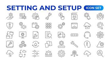 Setting and setup Solid icon collection. app and website settings icon set. options, configuration, preferences, adjustments, tools, gear, control panel, management, and productivity icons. vector