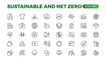 Set of sustainability and Net Zero, environmental, ecological, recyling, green, organic, industry thin line icons. Linear ecology simple symbol collection. vector
