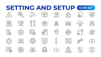 Setting and setup Solid icon collection. app and website settings icon set. options, configuration, preferences, adjustments, tools, gear, control panel, management, and productivity icons. vector