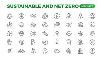 Set of sustainability and Net Zero, environmental, ecological, recyling, green, organic, industry thin line icons. Linear ecology simple symbol collection. vector