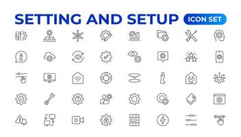 Setting and setup Solid icon collection. app and website settings icon set. options, configuration, preferences, adjustments, tools, gear, control panel, management, and productivity icons. vector