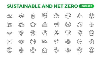 Set of sustainability and Net Zero, environmental, ecological, recyling, green, organic, industry thin line icons. Linear ecology simple symbol collection. vector