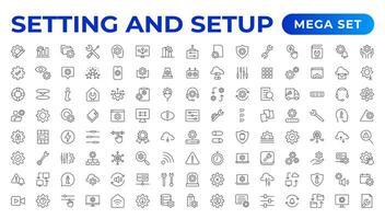 Setting and setup Solid icon collection. app and website settings icon set. options, configuration, preferences, adjustments, tools, gear, control panel, management, and productivity icons. vector