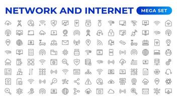 Set of Network and Internet outline icons. linear icon collection for online, computer, network, website, server, web design, hardware, software, and programming. Solid icons illustration collection. vector
