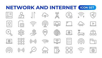 Set of Network and Internet outline icons. linear icon collection for online, computer, network, website, server, web design, hardware, software, and programming. Solid icons illustration collection. vector