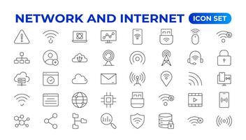 Set of Network and Internet outline icons. linear icon collection for online, computer, network, website, server, web design, hardware, software, and programming. Solid icons illustration collection. vector