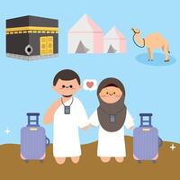 Set of cute hajj and umrah in kawaii style. Eid al Adha elements set vector
