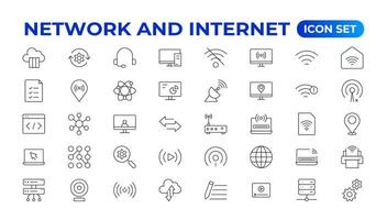 Set of Network and Internet outline icons. linear icon collection for online, computer, network, website, server, web design, hardware, software, and programming. Solid icons illustration collection. vector