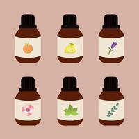 Essential oil bottle collection. Hand drawn aromatherapy element set. vector