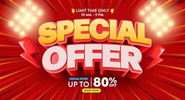 Special Offer Banner Template with Bold 3D Text and Lightning Bolts on a Red Background, Highlighting a Limited Time Sale Event,Perfect for sales banner designs on social media and websites vector