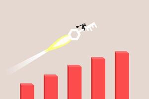 Businessman riding keys rocket on growth bar graph. concept of Business growth, investment profit increase, and growing fast vector