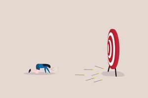 Depression business woman archery disappoint on his off target arrows. concept of Fail business target, mistake, and losing opportunity vector