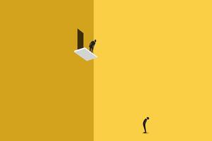 Successful businessman standing on the balcony looking down and man looking up, which pointing up as symbol of achievement, success and developing business in successful way vector