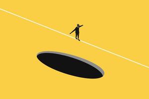 Business and financial crisis concept with businessman walking on the line and trying do not fall to abyss. Symbol of market crash, recession, risk, bankruptcy and loss. Eps10 illustration vector