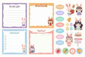 Easter Themed Bunny Checklists and To Do Lists.Set of Cute template notes with Easter theme.Memos and stickers. Cute paper memo template. Notes, memos and to do lists used in a diary, home or office. vector