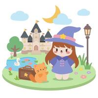 Kawaii Witch and Cat in Front of Enchanted Castle. Cute Fantasy Illustration.Adorable Witch by Castle and Pond. Magical Fairytale Scene. vector