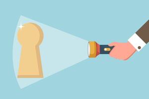 Big hand shines flashlight on keyhole vector