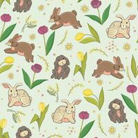 Tulip fower and rabbits simple sealess pattern. vector