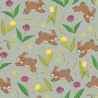 Tulip fower and rabbits simple sealess pattern. vector