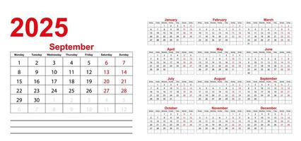 Classic monthly calendar for 2025. Calendar in the style of minimalist square shape vector