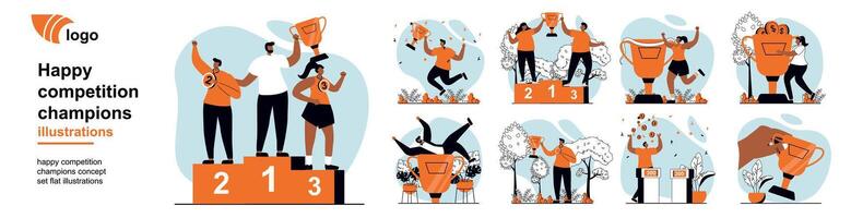 Happy competition champions concept with people scenes mega set in flat web design. Bundle of character situation with athletes winning first place, prize trophies rewards. illustrations. vector